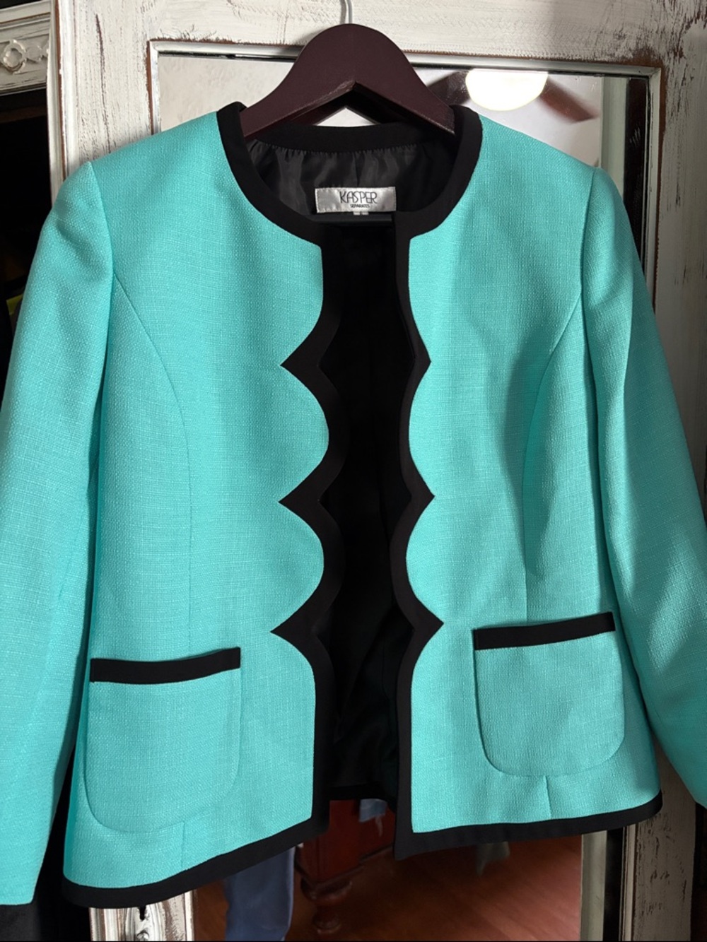 Kasper Mint Green Scalloped Trim Open-Front Jacket